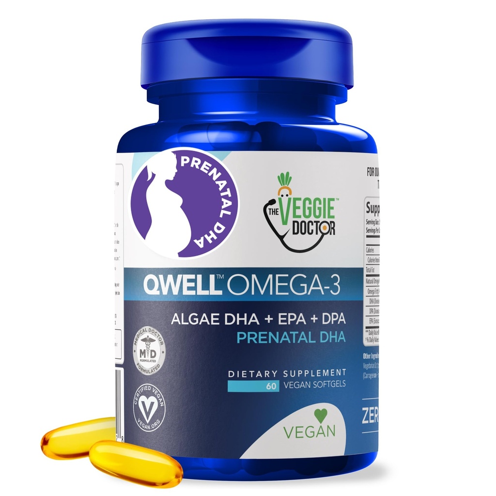 Vegan Prenatal Vitamin dengan DHA (60 Count) Omega-3 - Qwell Better Than Fish Oil, Brain Fungsi - 820 Mg Algae DHA & EPA, Vegan Prenatal Vitamin dengan Vitamin E, Carrageenan-Free