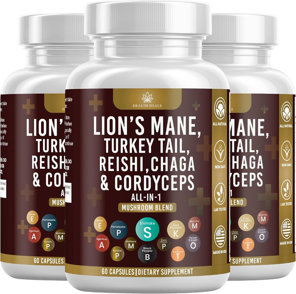 Mushroom Tambahan dengan Lion Mane Turkey Tail Reishi Cordyceps Chaga Marshmallow Root - 180 Count