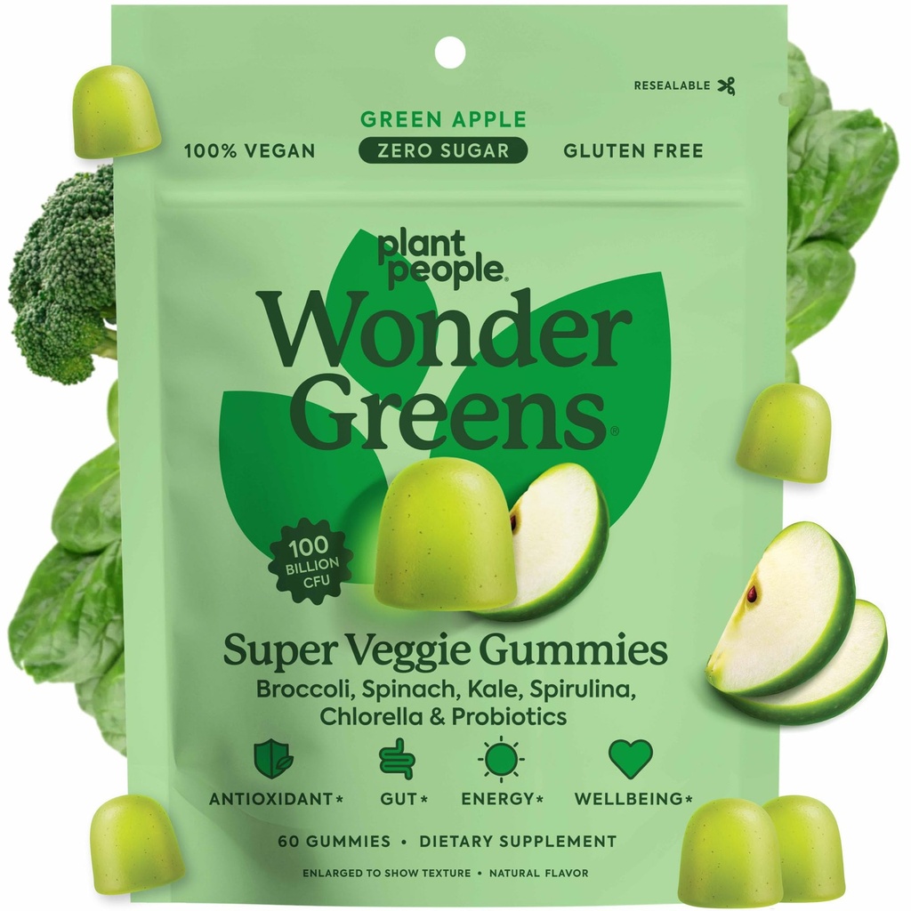 Plant People WonderGreens Veggie Gummies Super Greens with Progories Multivitamin Dummy for Wellsing, Energy, Ammune and Gut Health, Green Apple Flavor (60 Count)