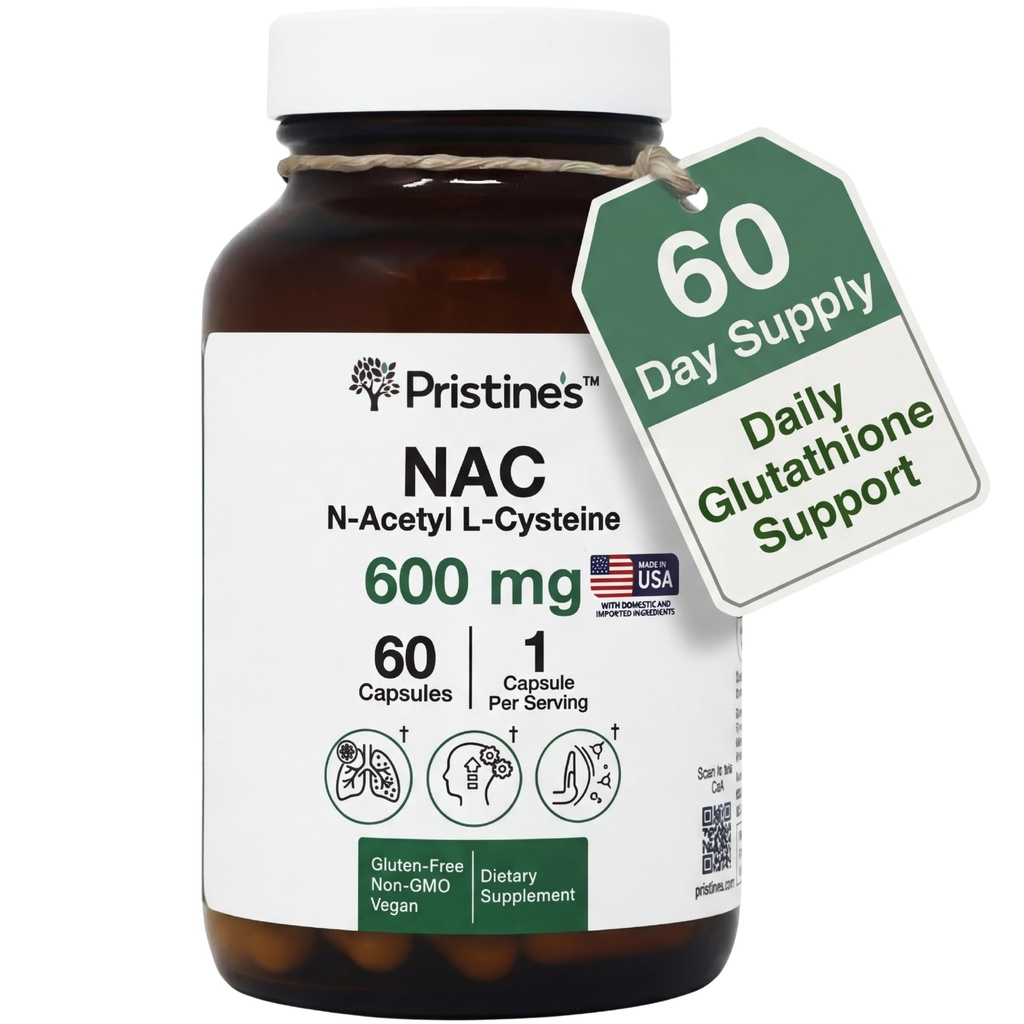 Kapsul Supplemen Supply 60 hari dari PRITIN dan Acetyl L- Cysteine (NAC) 600MG 60 Day Suplemen - Glutathione & Liver Detox Dukungan - PowerAntioksidant - Vegan, Gluten Free, Non GMO Glass Bottle