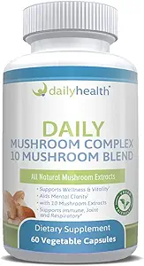 Kesehatan Harian 10 Mushroom Blend Kompleks 60 Capsules Cordyceps, Reishi, Shiitake, Lions Mane, Maitake, Turkey Tail, Chaga, Agaricus, White Button, Black Fungus, Vegan Friendly (1 Bulan Supply)