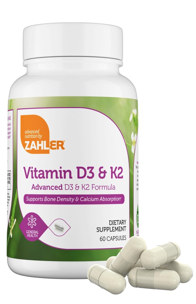 Zahler Vitamin D3 5000 IU K2 - Advanced Vitamin D3 K2 Formula - Bone Density & Calcium Absorpsi - Kosher Vegetarian MK7 Vitamin K2 D3 Vitamin Suplemen - VIT D3 K2, Vitamin D K2 (60 Capsules)