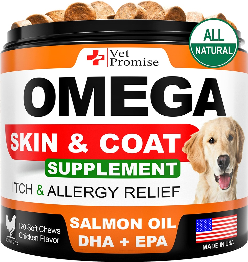 Omega 3 for Dogs - Skin and Coat Supplement - Fish Oil for Dogs Chews - Allergy and Itch Relief - AntiShedding Suplement - Dry Skin Treatment - Salmon Oil - Made in USA - 120 Soft Treats