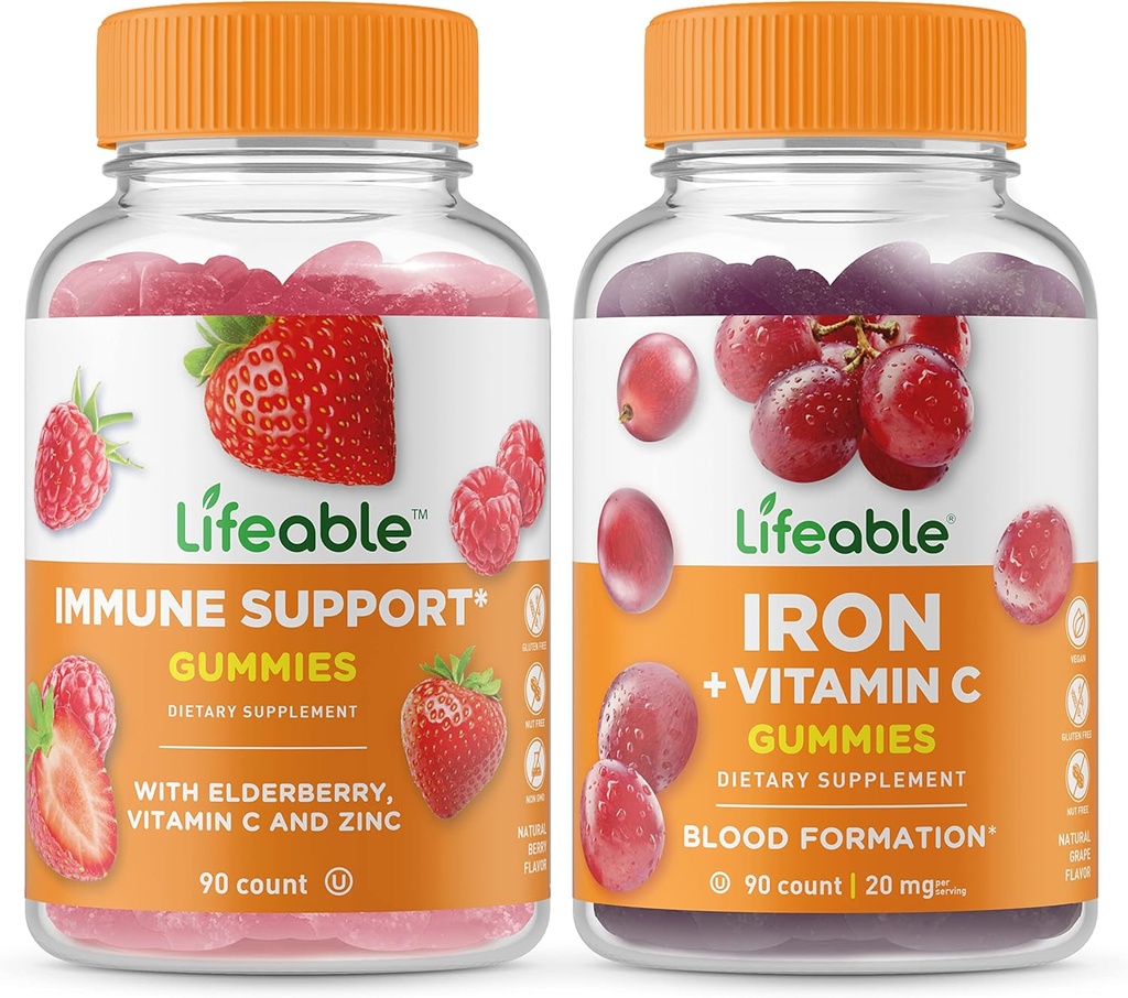 Dukungan Imuniune + Besi dengan Vitamin C, Gummies Bundle - Great Tasting, Vitamin Suplemen, Gluten Free, GMO Free, Chewable