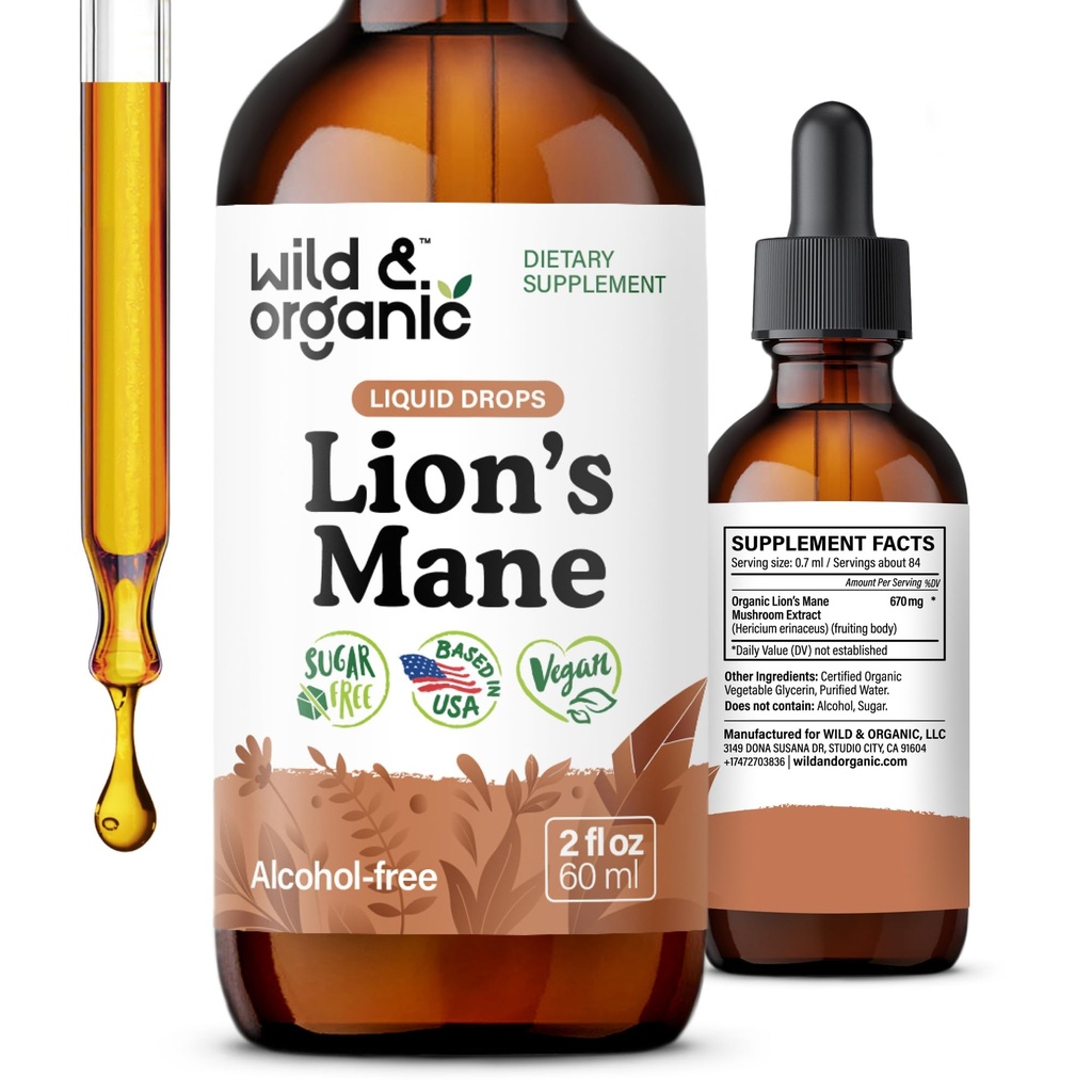 Wild & Organic Lions Liquid Mane Drops - Focus & Brain Sugar- Lions Mane Suplement - Hericium Erinaceus Mushroom Ekstraksi Tincture - Vegan, Alkohol & Sugar- Free - 2 fl oz