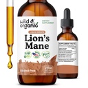 Wild & Organic Lions Liquid Mane Drops - Focus & Brain Sugar- Lions Mane Suplement - Hericium Erinaceus Mushroom Ekstraksi Tincture - Vegan, Alkohol & Sugar- Free - 2 fl oz