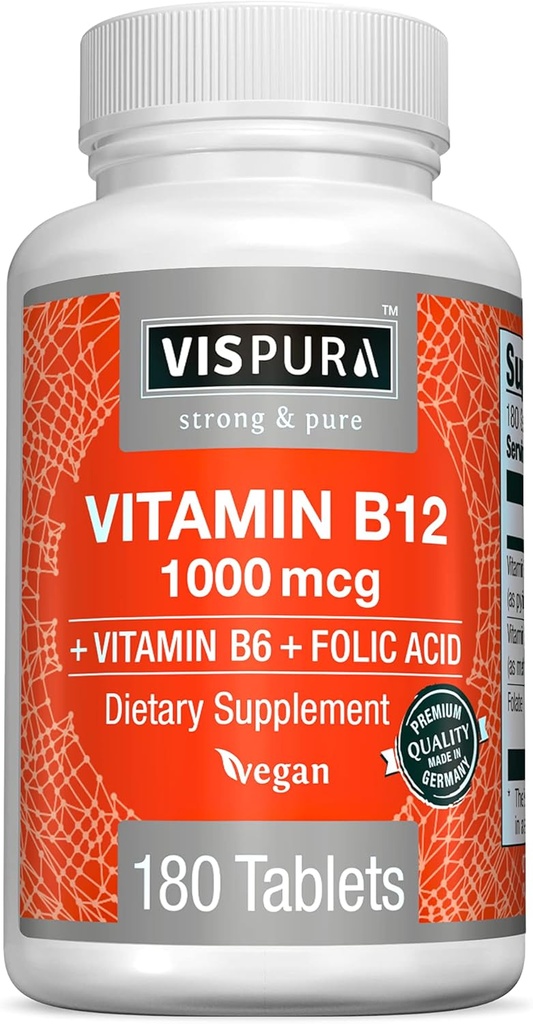 VSPURA Vitamin B12 1000 mcg Methylcobalamin + B6 / Folic Acid, 180 Vegan Tablet, Suplemen Terbaik untuk Meningkatkan Energi, Enhance Mood, Mempertajam Fokus *, Persediaan Organik
