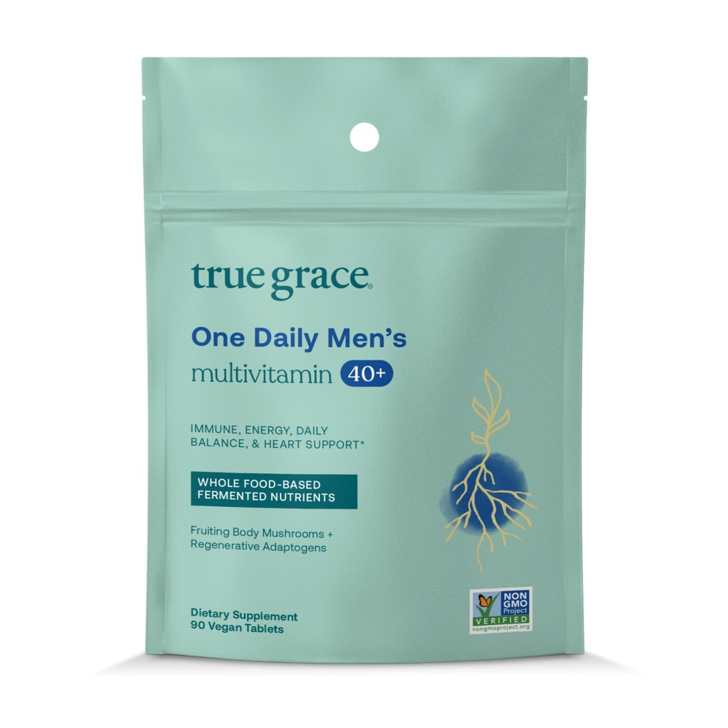 True Grace Men 's 40 + One Daily Multivitamin Fermentasi Mineral, Organik Adaptogens & Mushroom Whole Body Immune, Endurance, Bone & Heart Supplemen - Non-GMO - 90 Vegetarian Tablet