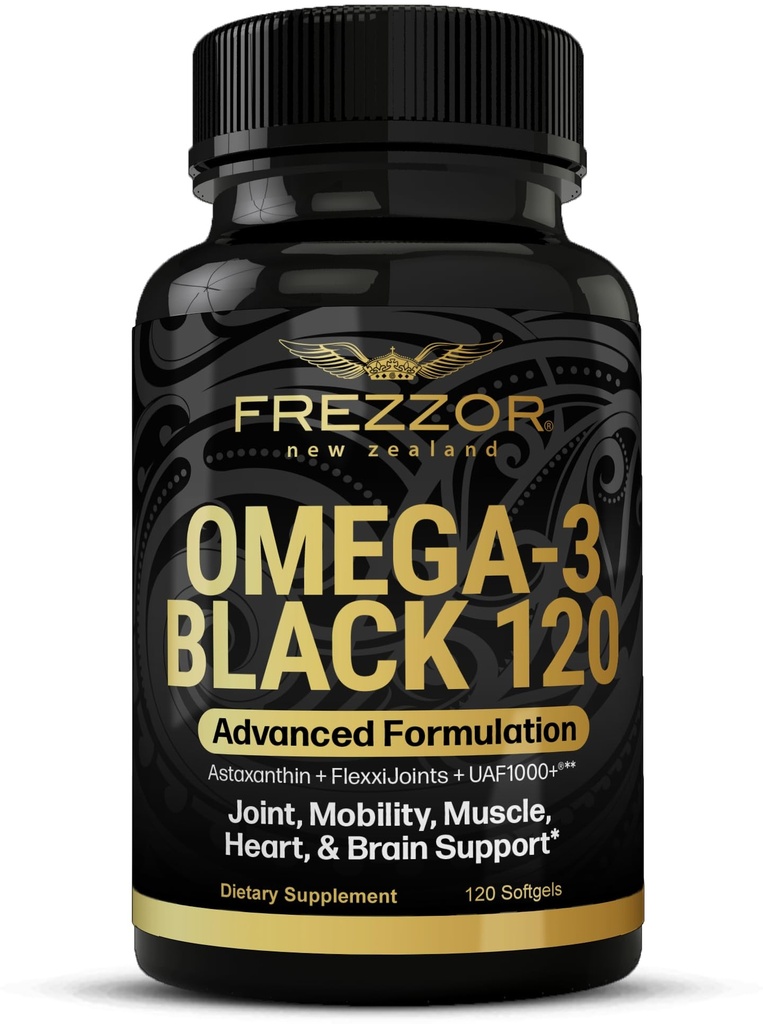 FREZZOR Omega 3 Black - Green Lipped Mussel Oil Capsules, Made in New Zealand, UAF1000 +, No Fishy Aftertaste, 120 Count (Pack of 1)