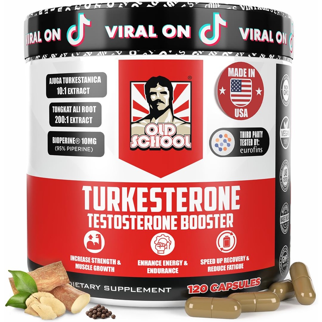 Suplemen Testosteron Old School untuk Men - Max Potency Tonkat Ali dengan BioPerine ® untuk Max Absorpsi, Mendukung Otot, Kekuatan, Pemulihan, Drive & Stamina - Turkesteron, 120 Kapsul