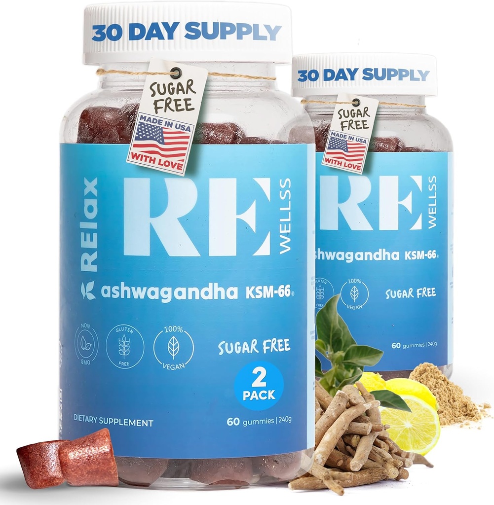 Ashwagandha & Vitamin D Gummies = 124; Suplemen Dietary 124; KSM 66 Ashwagandha untuk dukungan Stres untuk 300mg Dukungan 3004g; L-Theanine Lemon Balm = 124; Natural Herbal Nor - GMO Gula Bebas Gluten & Gelatin Free 1242 Pack