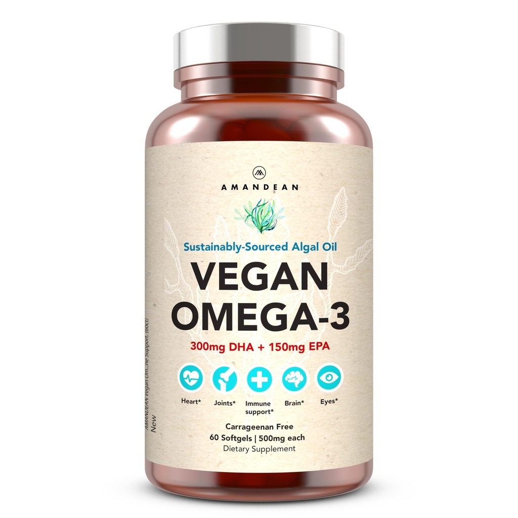 Tambahan AMANDEAN Vegan Omega 3. Alternatif Minyak Ikan Premium. Algae DHA & EPA. Carrageenan Free Softgels. Algal Estiventy Accids. Tanaman berdasarkan Jantung, Otak, Mata, Kulit, Dukungan Imune.