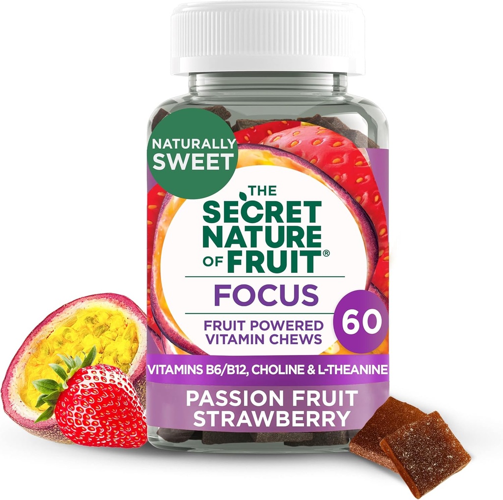 The Secret Nature of Fruit Focus Chews, Real Fruit Pountered Vitamin Chews with Vitamin B6 & B12, Chooline, Theanine, Passion Fruit & Strawberry for Mental Clarity, Gummy (60 Count)