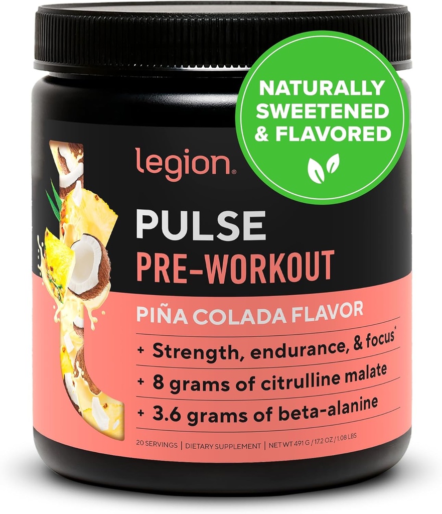 LEGION Pulse Pra Workout - Semua Natural Nitric Oxide Pretraining Minum untuk Boost Energy, Creakine Free, alami Sweetened, Beta Alanine, Citrulline, Alpha GPC (Pina Colada)