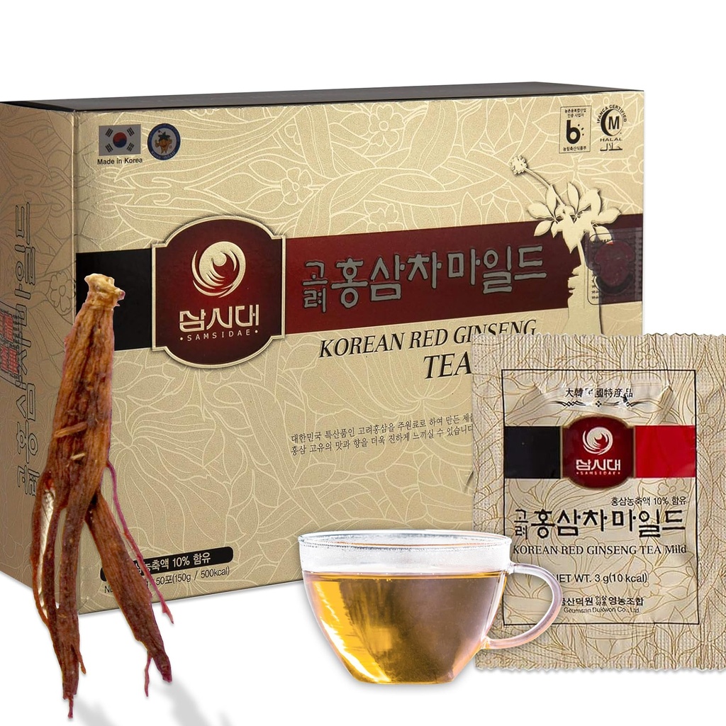 SaMSIDAE Panax Korea Merah Ginseng Teh Instant, Kotak 50 Sachets, Meningkatkan Sirkulasi Darah, Performans Intelejen dan Memori, merangsang Energi