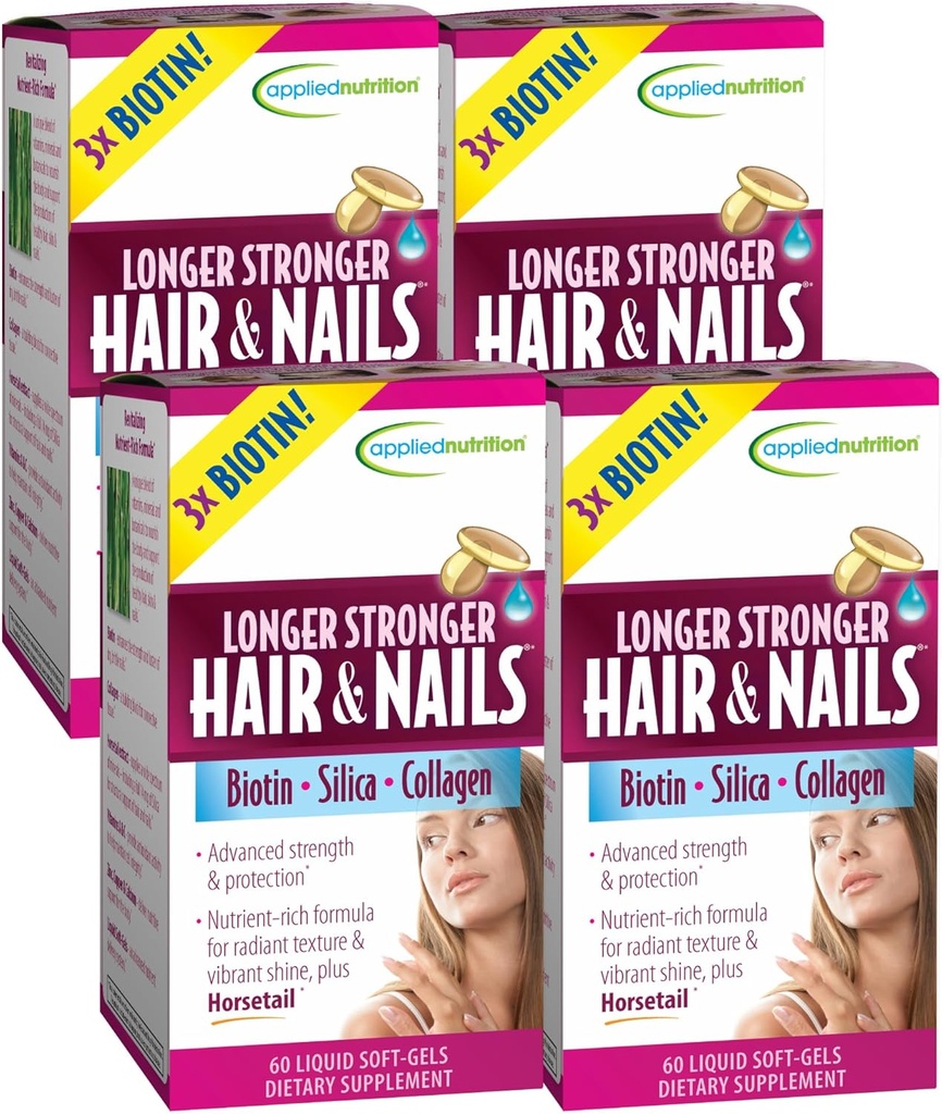 Applied Nutition Longer Stronger Hair & Nails - 60 Liquid Soft- Gels, Pack of 4 - Biotin, Silica & Collagen - 120 Servings