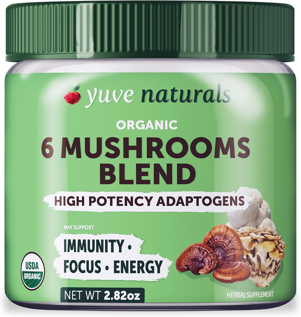 Yuve 6 Komponen Jamur Organik Extract - Magic Blend of Reishi, Chaga, Lions Maine, Maitake, Cordyceps - Tambahkan ke Tea, Coffee, Smoothies - Dukungan Energi & Imune Pertahanan - 2.82oz