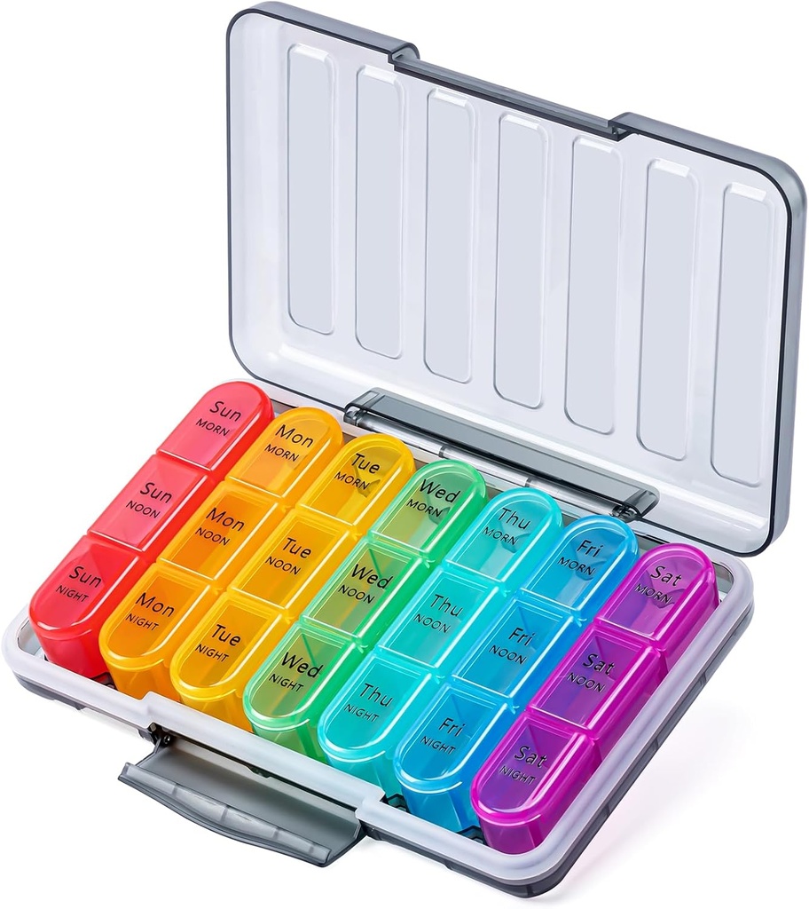 Odaro Pill Organizer 3 kali sehari - Portable Weekly Medicine Box dengan 7 Tahanan Terpisah, Perjalanan Kotak Pil 7 Hari, Hitam
