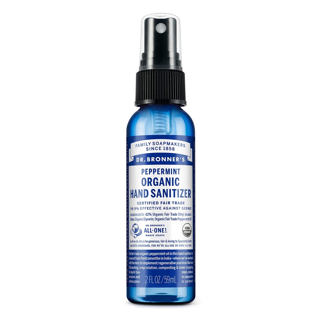 Spray Tangan Organik Dr. Bronner (Peppermint, 2 ons) - Sederhana dan Efektif Formula, Cleanses & Sanitizes, Tanpa Bahan Kimia Harsh, Moisturizes dan Tangan Bersih