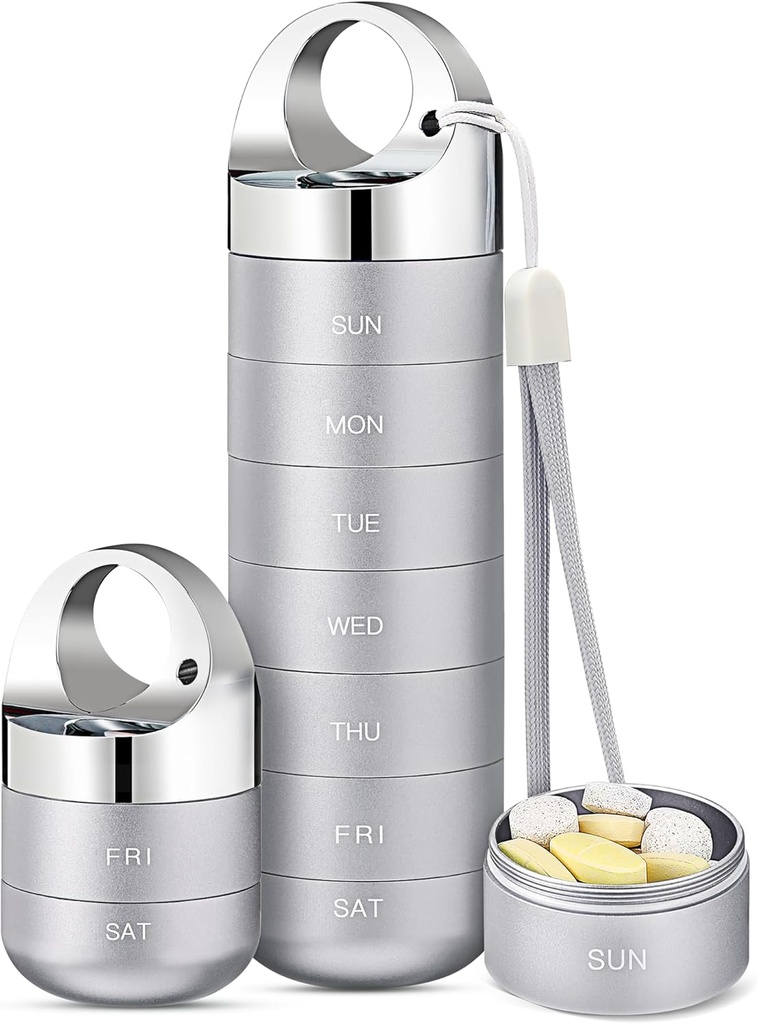 Zannaki Metal Travel Pill Organizer, Portable Waterproof Weekly Pill Box, Large Aluminum Alloy Pill Case Container, BPA Free 7 Day Daily Medical Organizer Holder for Vitamin, Fish Oil, Suplemen