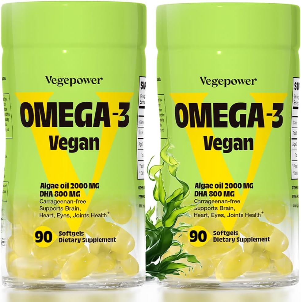 Vegan Omega-3 DHA Suplemen - Premium Fish Oil Algae 124; 90 Carrageenan Free Softgeels 124; Tanaman berbasis Algal DHA Escids Acids, Non-GMO (Algae, 90 Count (Paket 2)