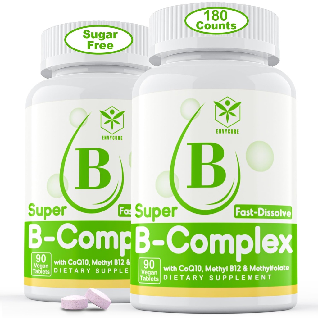 Sugar Free Vitamin B Kompleks dengan MethylB12, MethylFodge, B6, B1, B2, B3, Fast Dissolve Sangat Biovable Metholated B Suplemen Energi, Sistem Neural, Vegan, 180 tablet