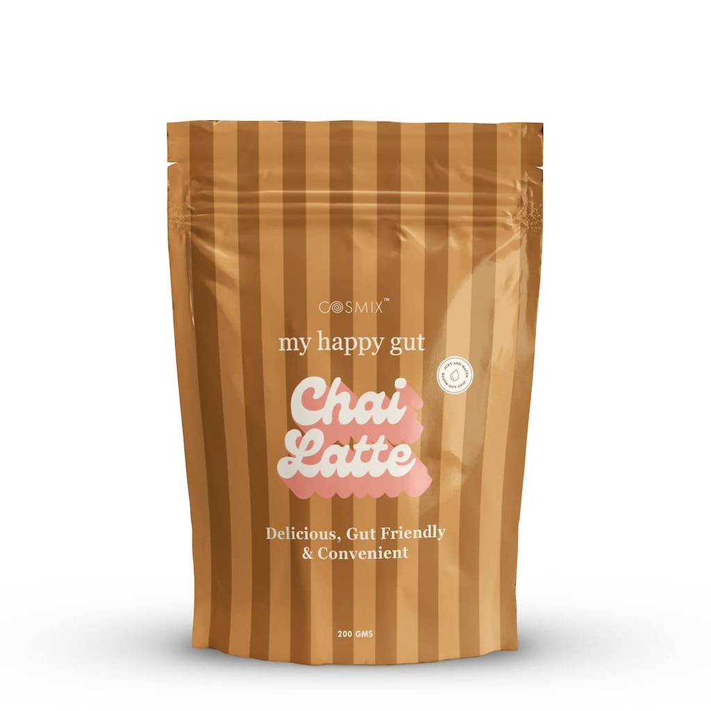 Cosmix My Happy Gut Chai Latte | For Improved Digestion & Overall Gut Health | Zero Refined Sugar, No Preservatives | Plant Based | Just add water & Enjoy (200g Pack of 1)