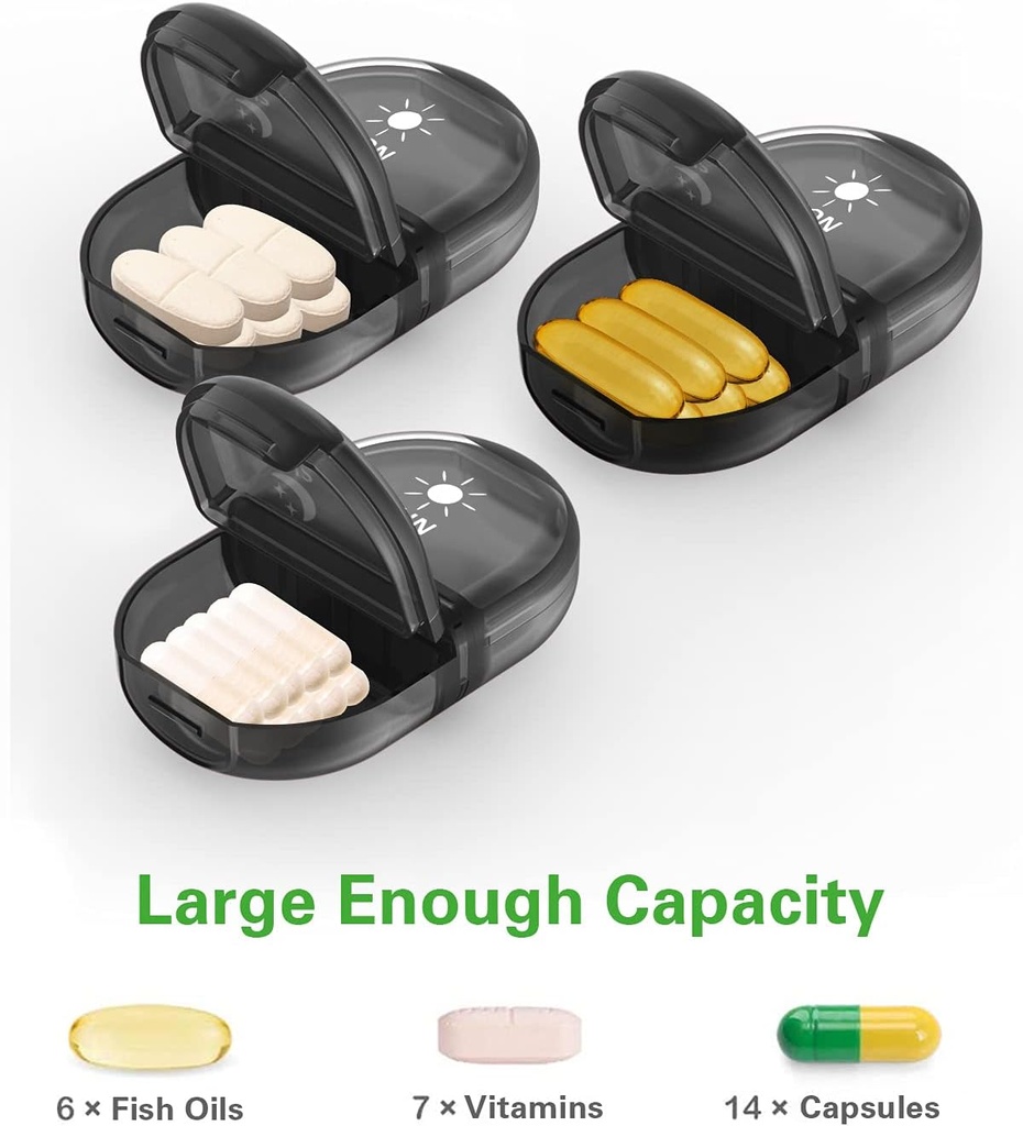Fullicon Pill Organizer 2 kali sehari, Kotak Pil Mingguan AM PM, Penyelenggara Obat Tersisa, Kasus Pil Dua kali sehari - (Hitam)