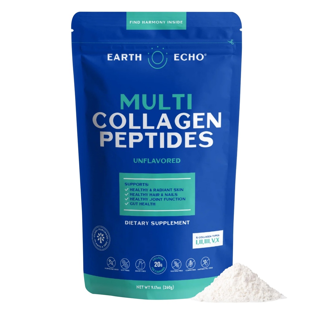 Earth Echo Multi Collagen Peptides, Collagen Hidrolyzed Collagen with Vitamin C dan Hyularonic Acid, Supports Radiant Skin, Heally Joints, Gut Health and Imune Fungsi, Dairy- Free, 26 Servings