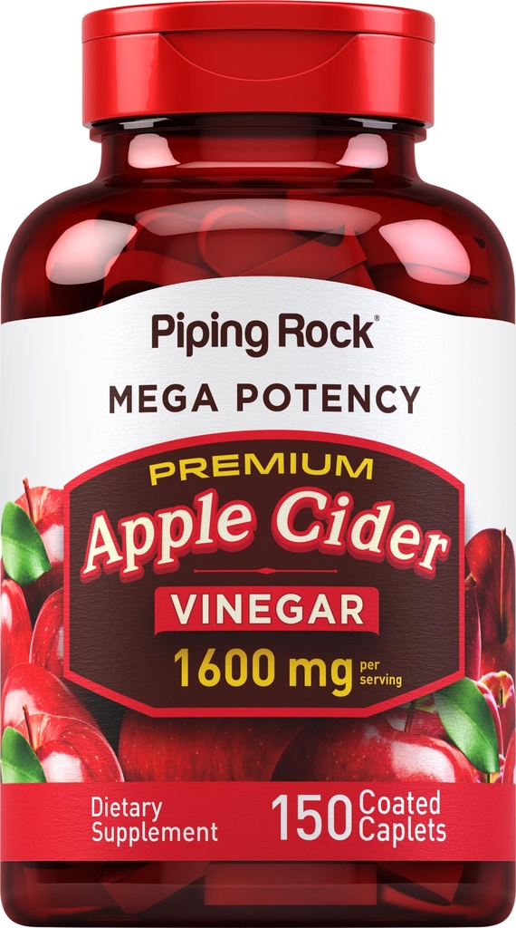 Piping Rock Apple Cider Pinegar Capsule Caplets 124; 1600mg 124; 150 Pil 14; Potensi Tinggi 124; Tambahan Kekuatan ACV Suplemen 124; Vegetarian, Non-GMO, Gluten Bebas