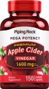 Piping Rock Apple Cider Pinegar Capsule Caplets 124; 1600mg 124; 150 Pil 14; Potensi Tinggi 124; Tambahan Kekuatan ACV Suplemen 124; Vegetarian, Non-GMO, Gluten Bebas