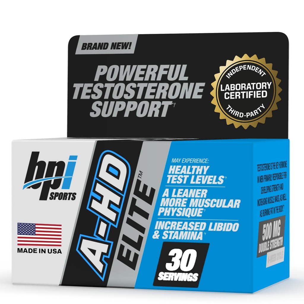 BPI Sports A-HD Elite - Men 's Powerful Testosteron Booster untuk Stamina, Kekuatan, Seksual Dukungan - Dukungan Otot, Libido & Metabolisme - Supplemen Testosteron Alami - 30 Layanan - 500mg