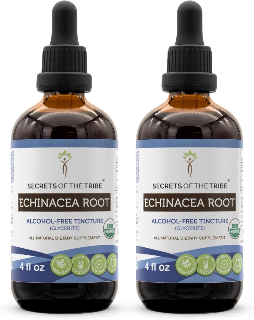 Echinacea Root USDA Organic Tincture 124; Alcohol-Free Extract, High- Potency Herbal Drops, Imune System Health 124; Dibuat dari 100% Certified Organic Echinacea Root (Echinacea Purpurea) 2x4 oz