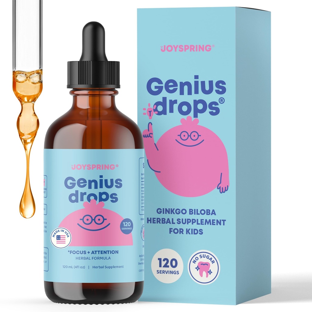 JoySpring Genius Drops - Organic Focus Drops for Kids 124; Clinically Proven Focus Supplement Helping Kids Conds Better in School 124; Liquid Herbal Supplement with Ginkgo Biloba (4 fl oz) 120 Servings