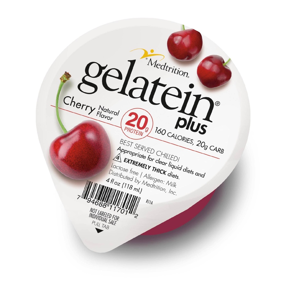 Gelatin Plus Cherry: 20 gram protein. Ideal untuk diet cair yang jelas, menelan kesulitan, dialisis dan onkologi. Bagus sebelum atau setelah latihan snack. (12 pak)