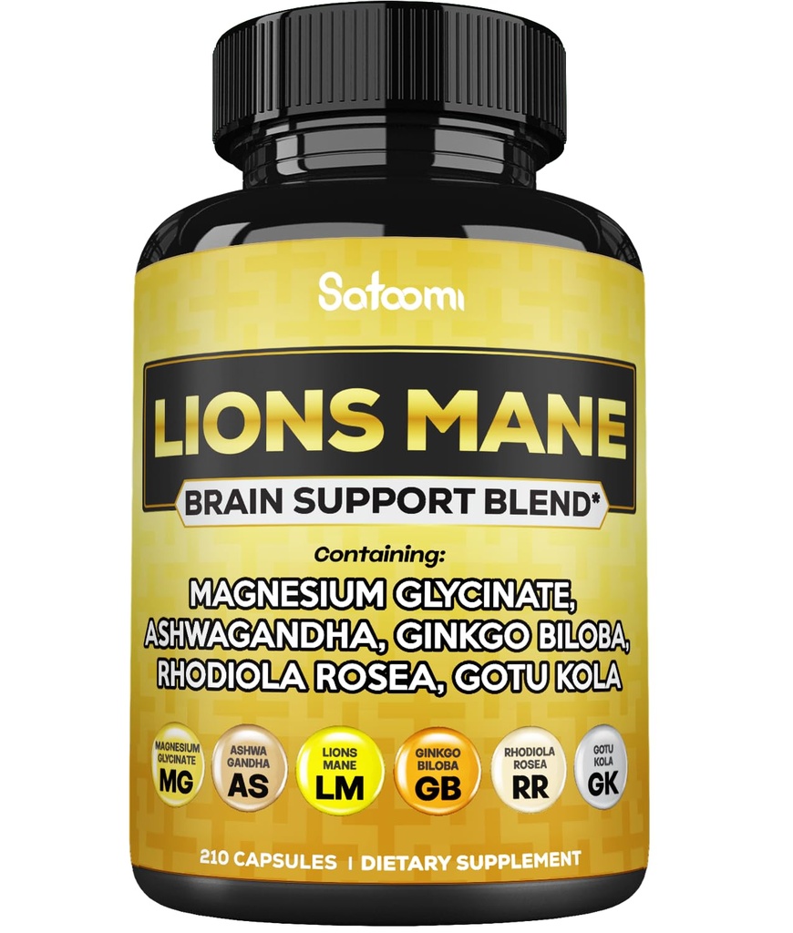 Lions Mane Supplement Capsules with Magnesium with Ashwagandha Root, Ginkgo Biloba, Rhodiola Rosea dan Gotu Kola - 210 Vegan Capsules - Dukung Kesehatan Otak, Produksi Produksi Mood & Energi Positif