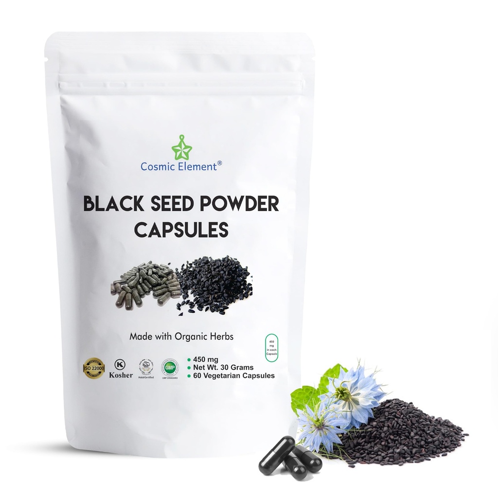 Elemen Kosmik 100% Bubuk Benih Hitam Murni Capsules Organik - Vegan Nigella Sativa 450mg Black Cumin Menawarkan untuk Kesehatan - 60 Kapsul