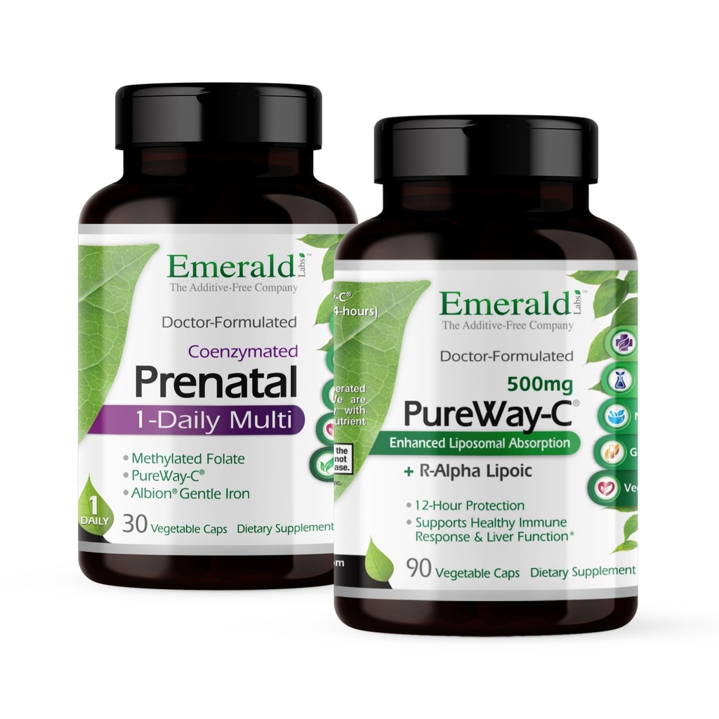 Emerald Labs Bundle with Prenatal 1-Daily Multi (60 Veg Caps) & PureWay-C (90 Veg Caps) - Prenatal Multivitamin dengan Methylated Folate, Iron & More * - Vitamin C Suplemen dengan RanAlpha Lipoic Acid *