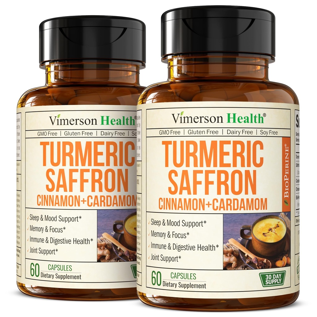 Suplemen Saffron - 89mg Saffron Extract dan 1000mg Tumeric Blend - Turmeric Suplemen dengan Cinnamon Ceylon dan Cardamom untuk Mood, Memori & Eye Kesehatan - Suplemen Bersama untuk Perempuan & Pria - 2 Pack