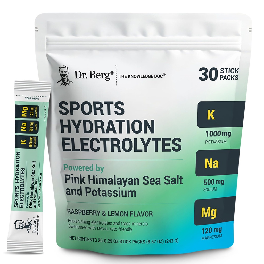 Dr. Berg Sports Hydration Electrolytes Powder w / More Salt (Pink Himalaya) - 30 Keto Electrolite Powder Pawder w / a Delicious Salty Raspberry & Lemon Flavor - termasuk 1.000mg Potasium