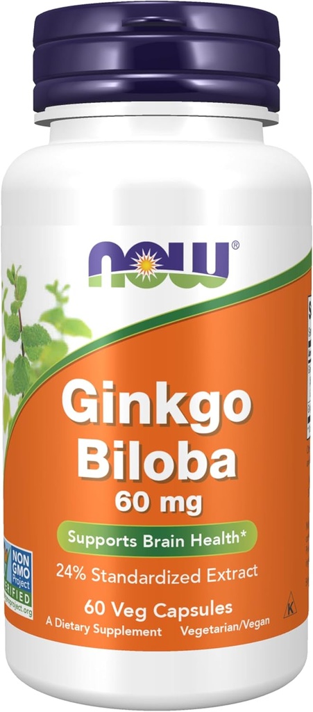 Sekarang Makanan Suplemen, Ginkgo Biloba 60 mg, 24% Ekstrak Standardisasi, Proyek Non-GMO Diverifikasi, 60 Veg Capsules