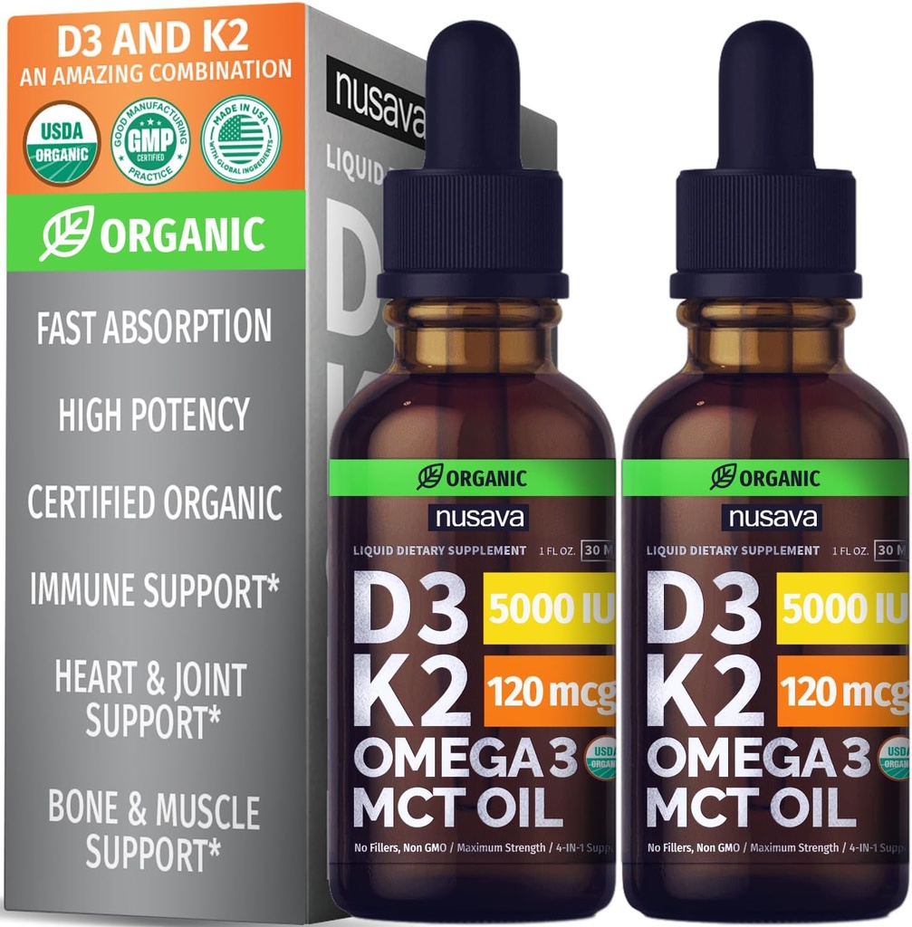 NUSAVA Vitamin B12 Liquid Drops, Unflagranted D3 K2, & Chlorophyll Bundle - Vitamin Pound for Heart, Energy & Brain & Imune Dukung - Non-GMO, Gluten- Free, 2pk Each