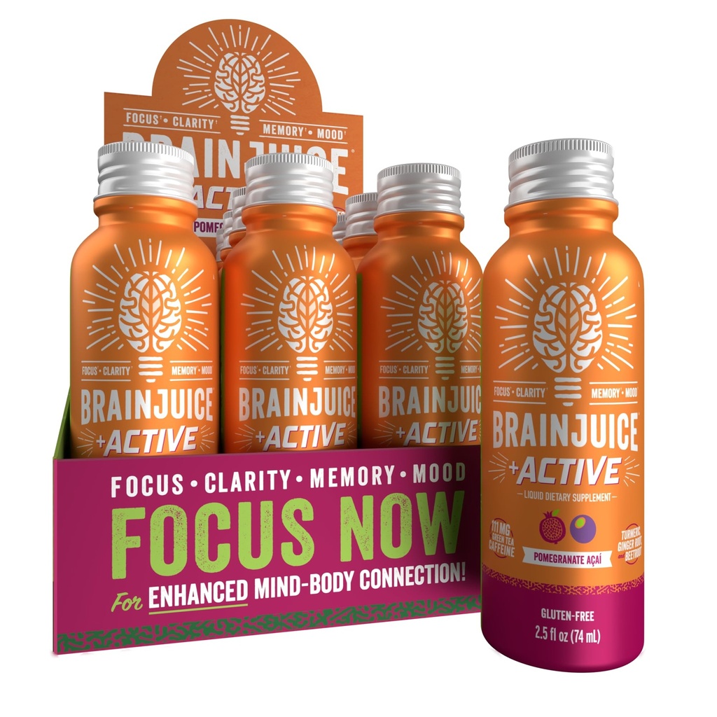 BrainJuice Active Focus & Energy Shots, Supports Endurance, Recovery & Clarity, Non-GMO, Gluten Free, Nootropics, Alpha GPC, B Vitamin & Organic Green Tea, Paxuate Acai, 2.5 fl oz, 12 Pack