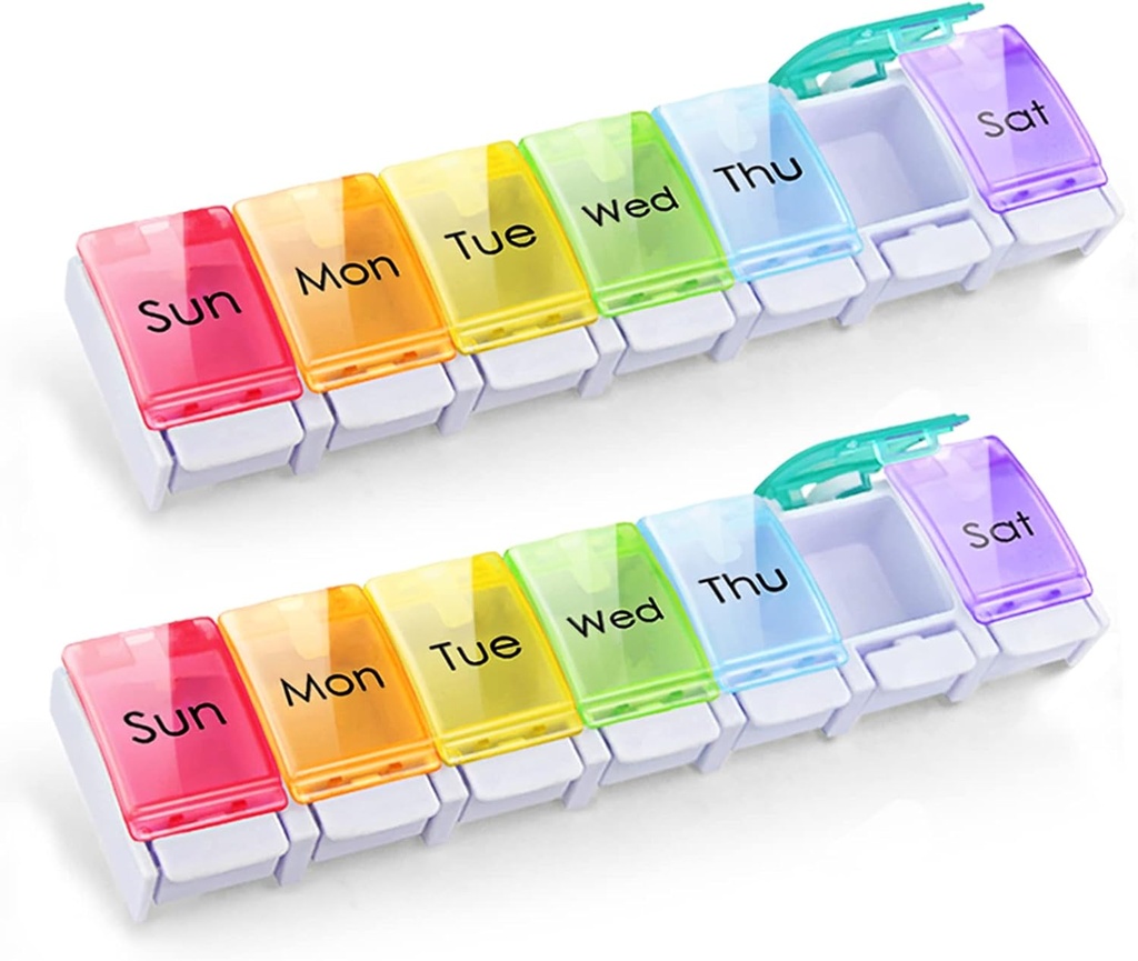 GOGOODA 2 Pack Weekly Pill Organizer Arthritis Frid, Travel 7 Day Pill Hoolder Container Organizer dengan Popup Open Design dan Ample Space untuk menahan Vitamin, Minyak Ikan dan Obat-obatan