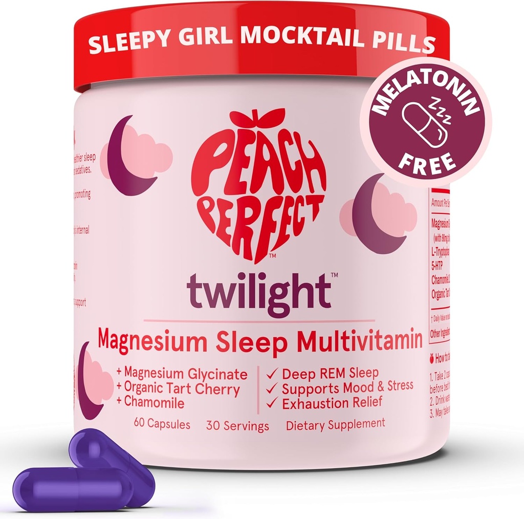 Peach Perfect Twilight Magnesium Glycinate Tidur Multivitamin Magnesium Suplement dengan Organic Tart Cherry, Chamomile, 5-HTP, L- Tryptophan, Mocktail Gadis Tidur Natural, 60 Capsules, 30 Servis