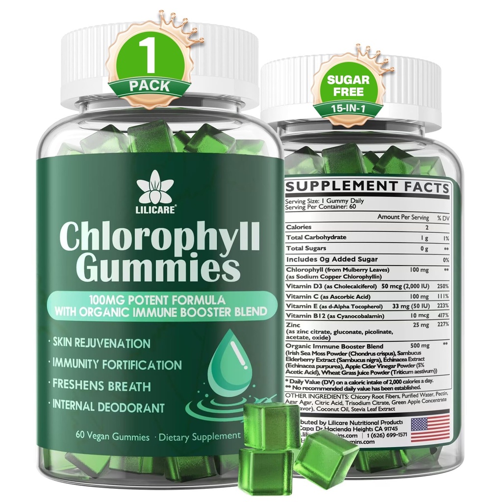 Chlorofil Gummill - Super Green dengan Wheat Grass, Sea Moss, ACV & Elderberry, Echinacea, Kompleks Zinc & Vitamin D3, C, E, B12 untuk Deodoran Alam, Imune & Distrable Dukungan, 60 Chews