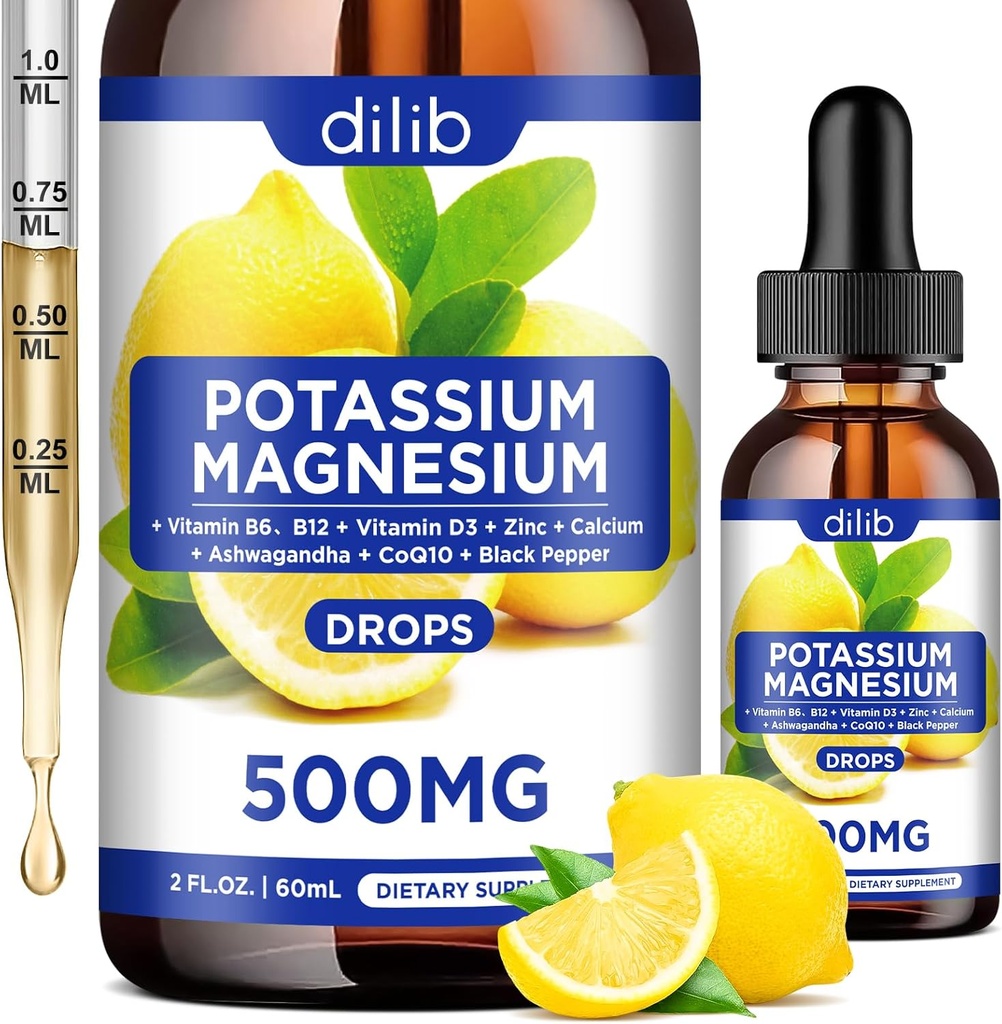 Potasium Magnesium Citrate Suplemen, Liquid Magnesium Citrate Drops 500mg dengan Ashwagandha, Kalsium, Zinc, Vitamin D3, B6, B12, CoQ10 - Vegan 2 flf Lemon Flavor