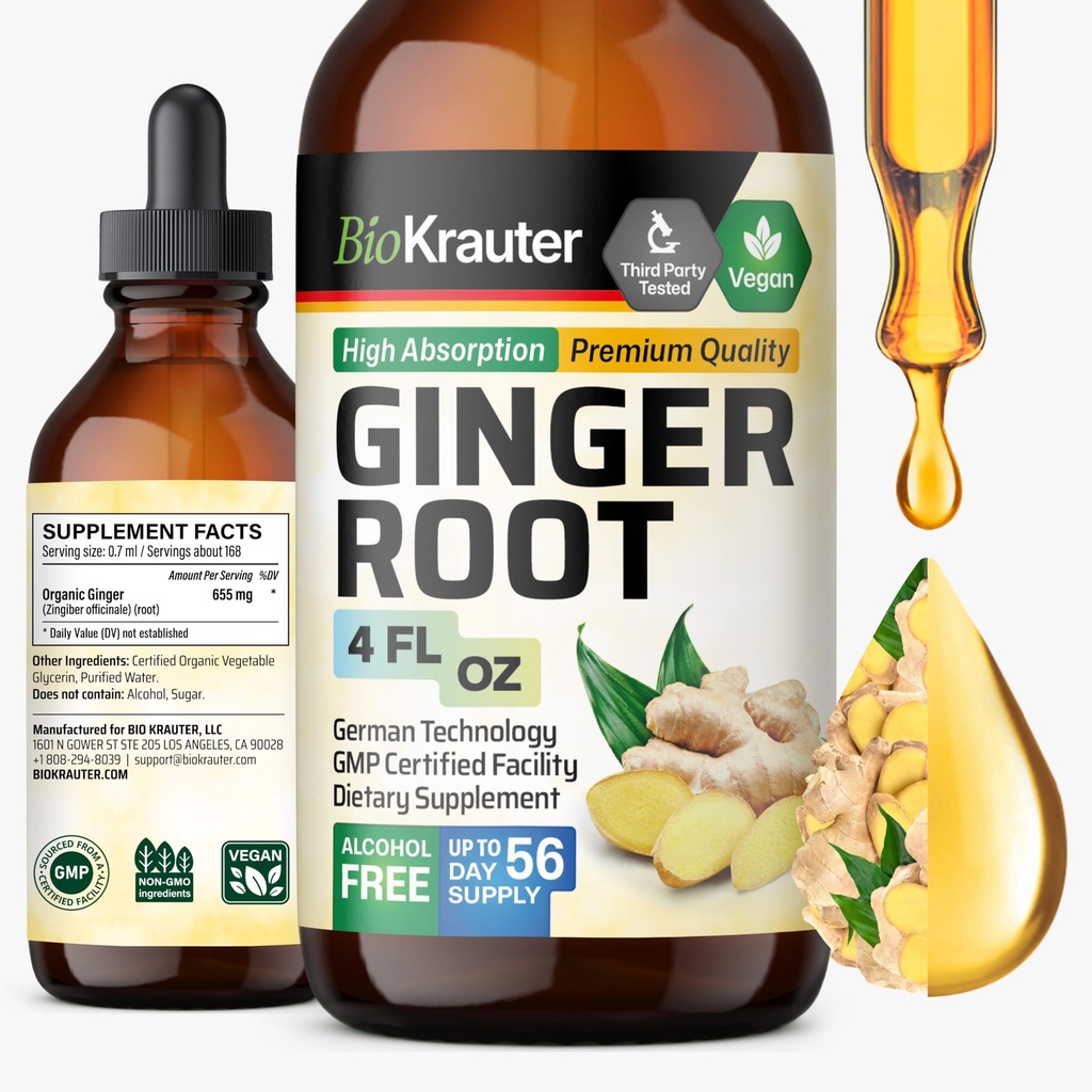 BIO KRAUTER Ginger Root Extract - Suplemen Ginger Alam untuk Overall Wellness - Alkohol dan Gula Free - Vegan Drops 4 Fl.Oz.