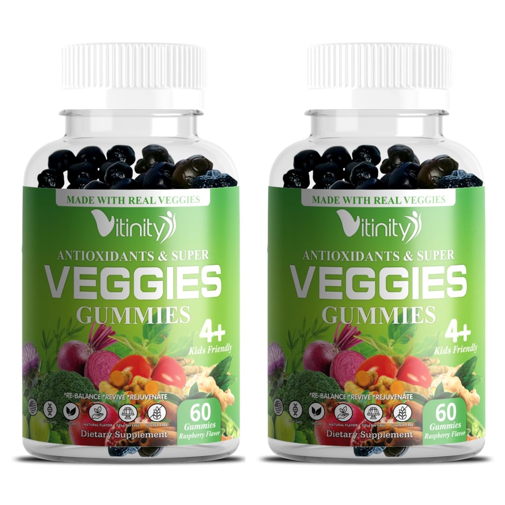 VITINITY Vegies Supplemen - Dibuat dengan Real Super Veggies Delicious Gummies (120 Chews), 30 Veggies, Herbs, Fruit dan Vegetable Suplemen, Non- GMO, Pectin- Based, Gluten- Free, No More Pills (60 Hari)