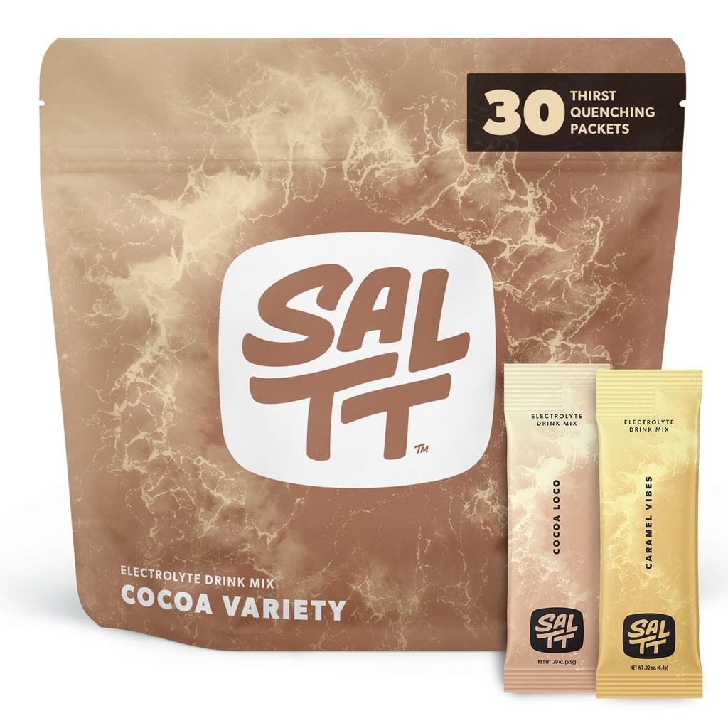 SALTT Electrolytes Powder Pawder, Cocoa Variety Pack (30 Paket) - Magnesium, Potasium, Sodium, Trace Minemar, Gula Bebas, Gluten Free - Travel Essentials - Made in USA